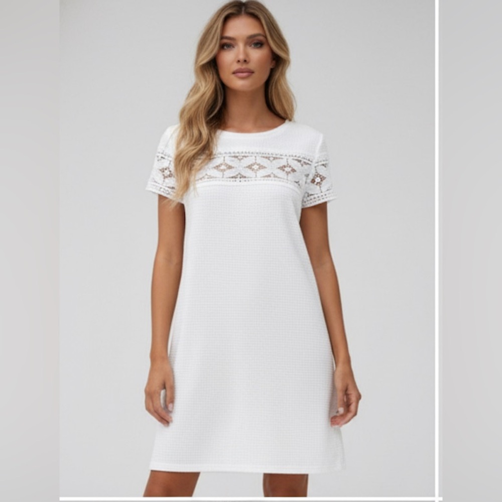 Contrast Guipure Lace Tee Dress White